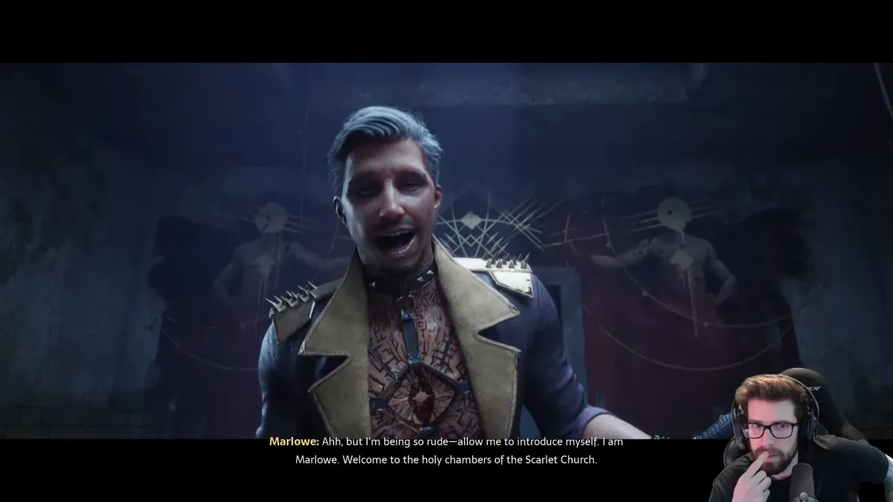 Marlowe introducing himself in the Scarlet Church chambers