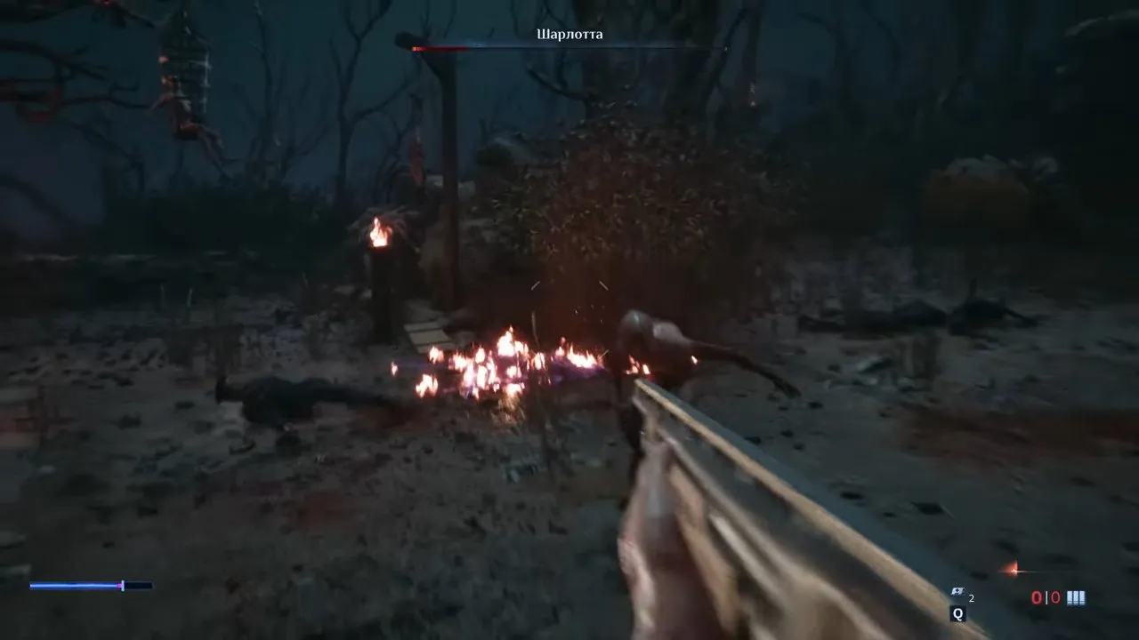 A long gun aimed at Charlotte in the boss arena, with flames around her and a nearly empty health bar
