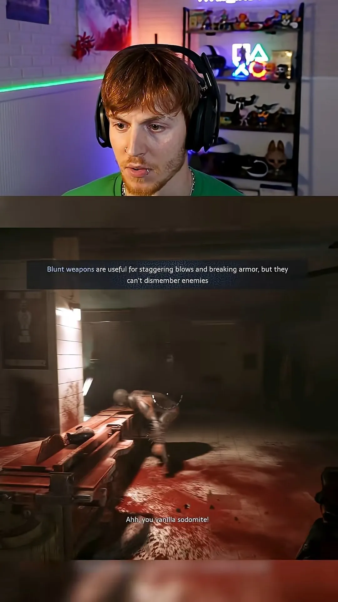 Clive Barker's Hellraiser: Revival enemies: armored attacker beside a workbench beneath the blunt-weapon tutorial