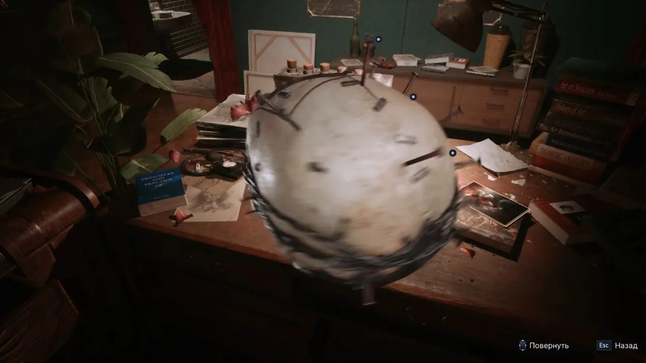 Nail buttons on the inspected skull above a cluttered desk