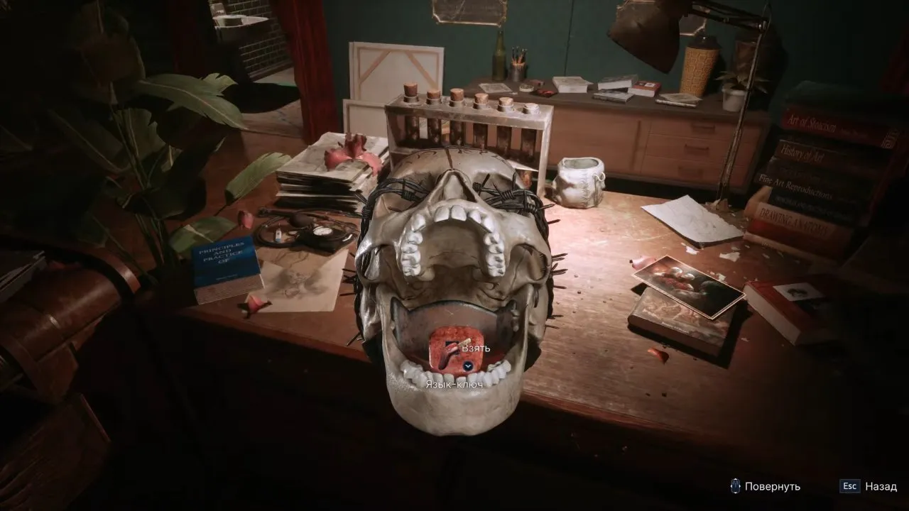 Open skull with the Tongue Key pickup prompt inside its mouth