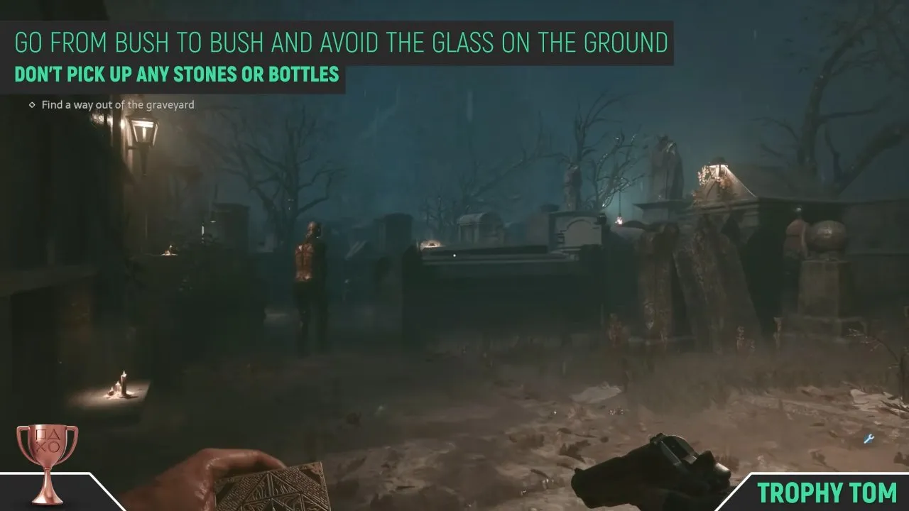 Hellraiser Revival A Quiet Place achievement: graveyard route between bushes with an enemy standing among the graves